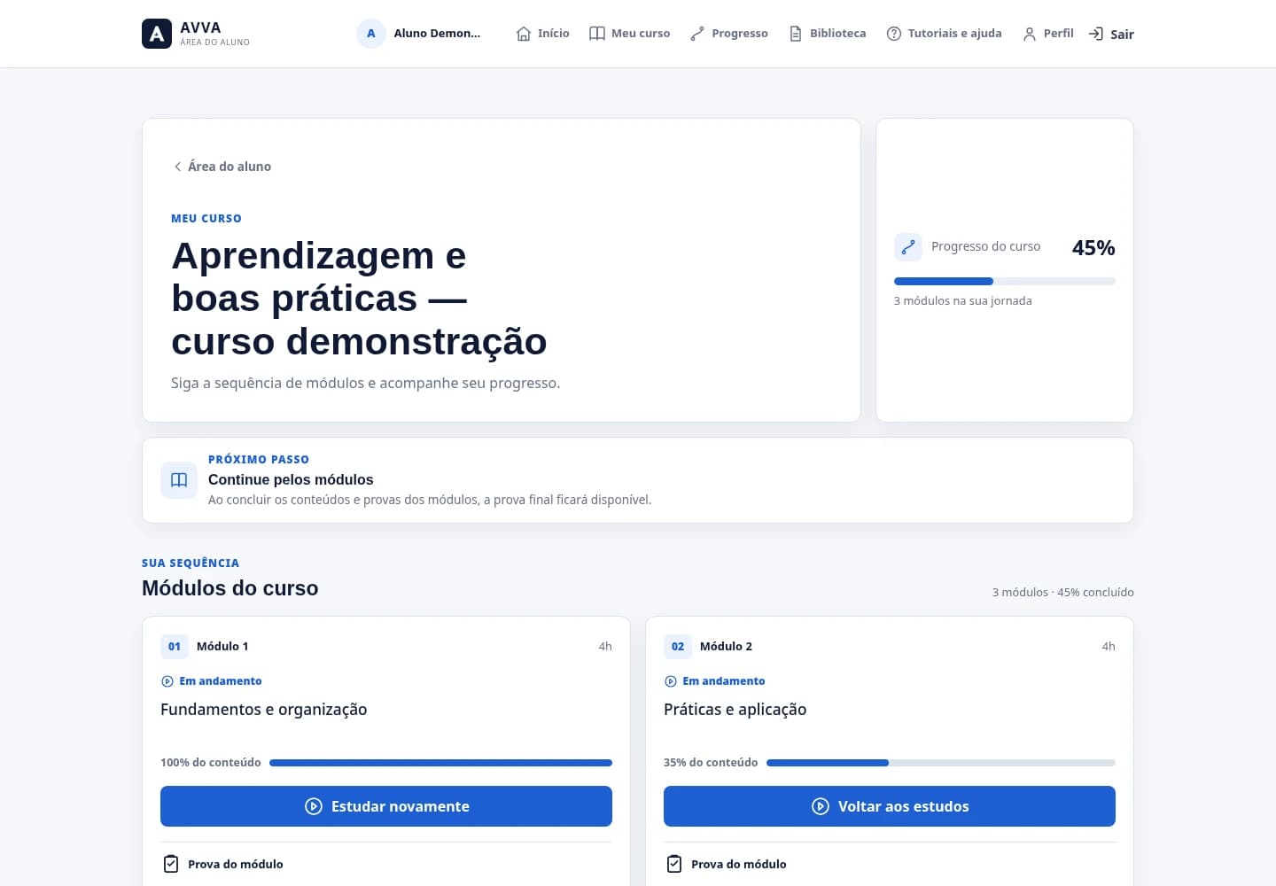 Interface real AVVA com curso sintético, módulos, progresso e acesso às provas.
