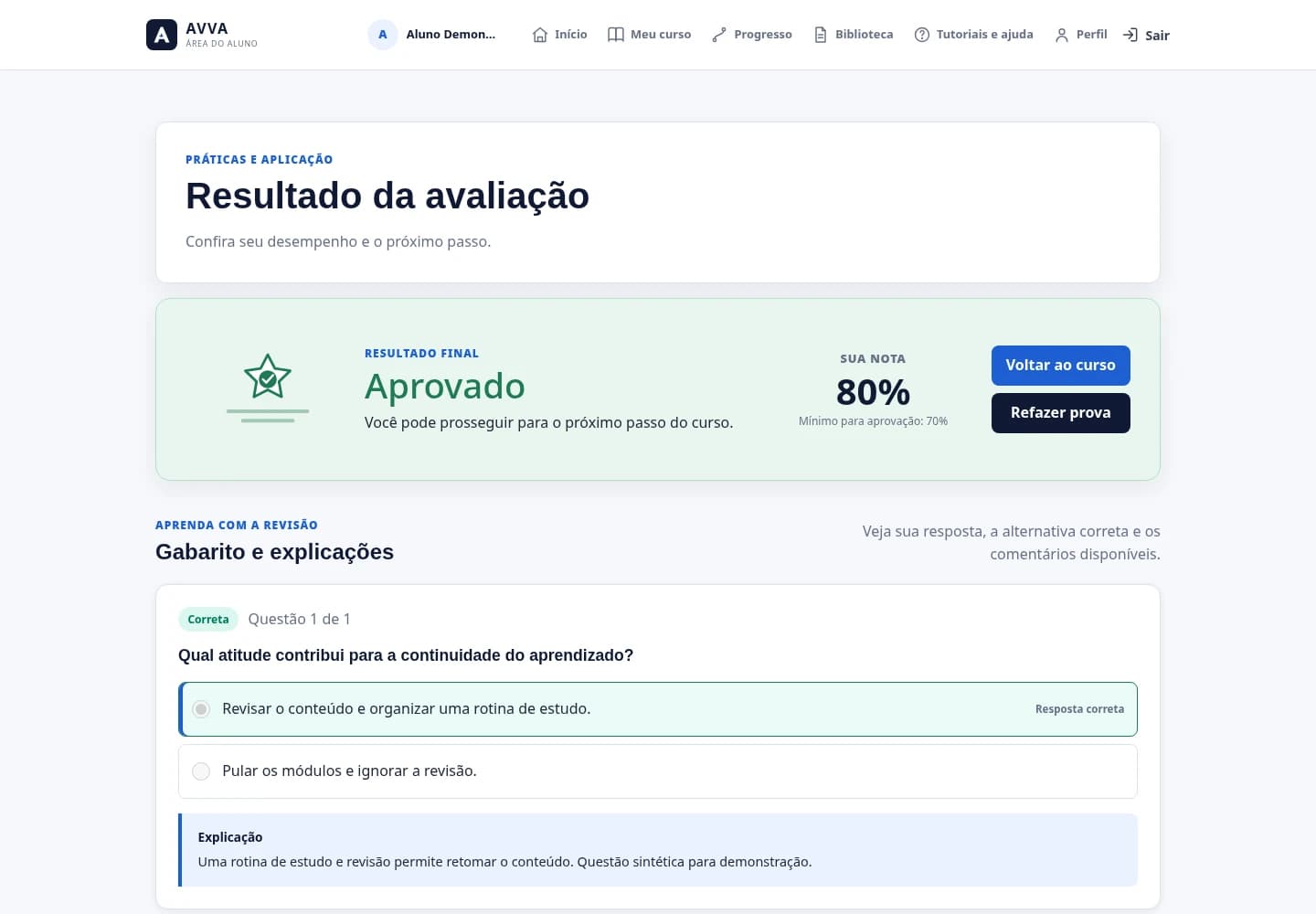 Tela real de resultado AVVA com nota fictícia, revisão de questão e retorno ao curso.
