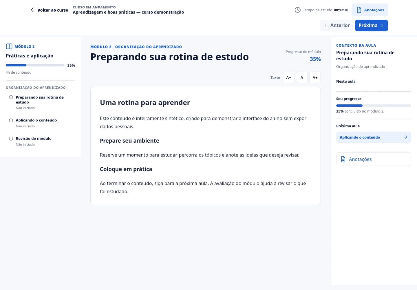 Aula real AVVA com conteúdo didático sintético, lista de tópicos e contexto do módulo.