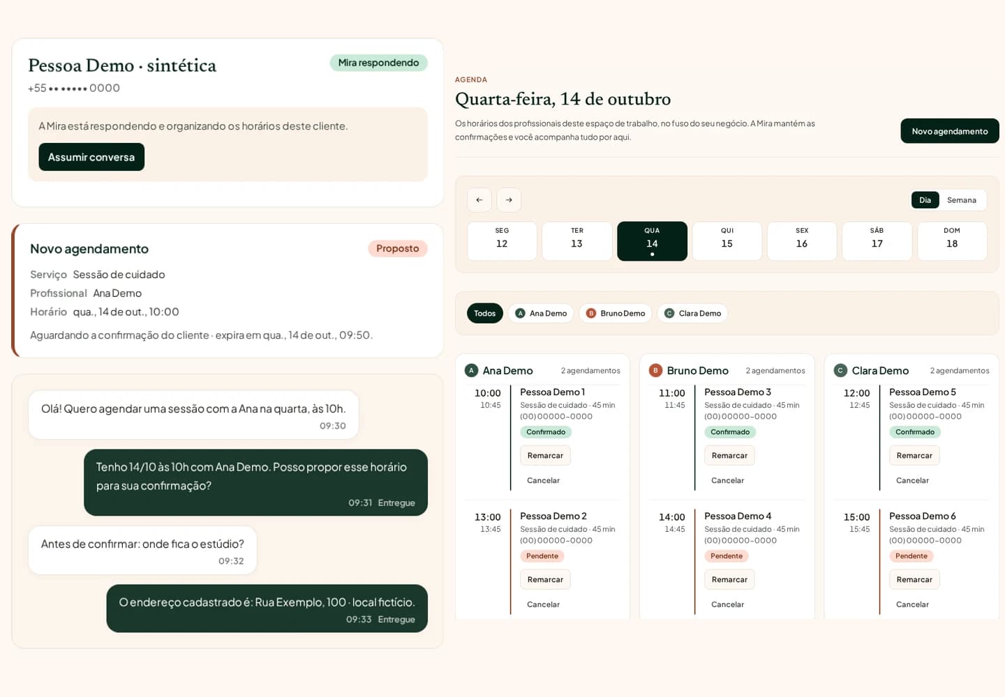Composição de capturas reais: pedido sintético no WhatsApp, contexto do agendamento e agenda de três profissionais.