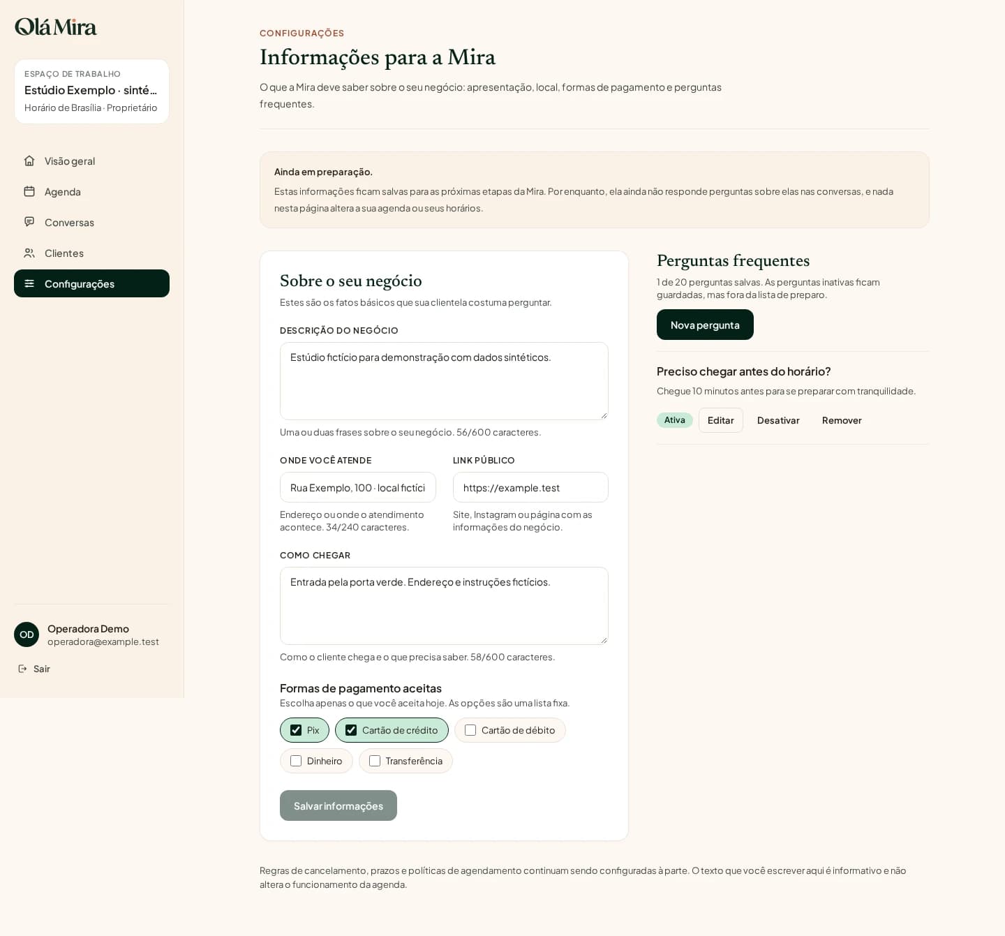 Perfil do negócio fictício com endereço, meios de pagamento e FAQ ativa cadastrada pelo operador.