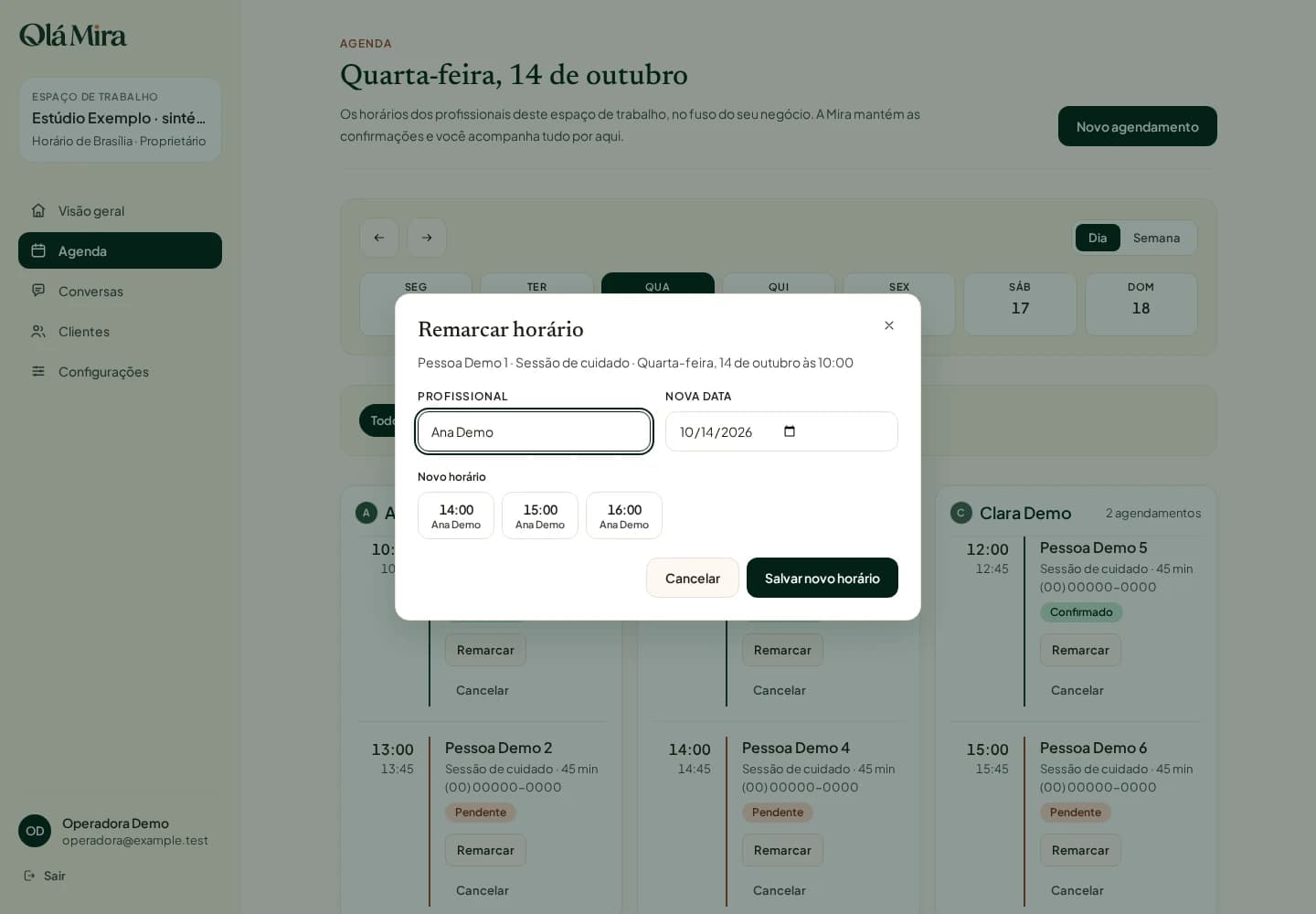 Diálogo original de remarcação com profissional, data e horários disponíveis da fixture sintética.