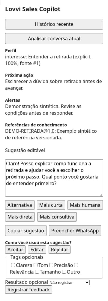 Detalhe legível do painel real: perfil, próxima ação, referência, alerta, sugestão e cinco modos de reescrita.