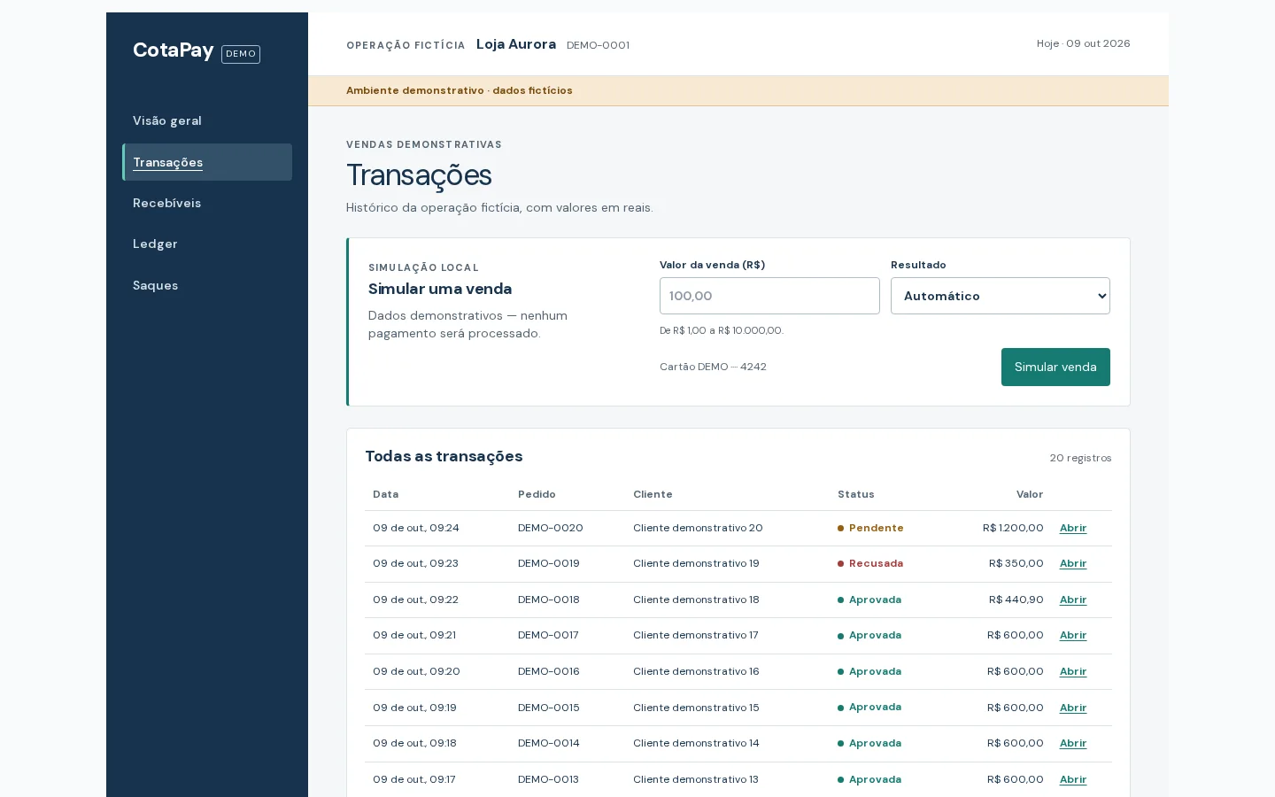 Tela demonstrativa CotaPay com a lista de transações.
