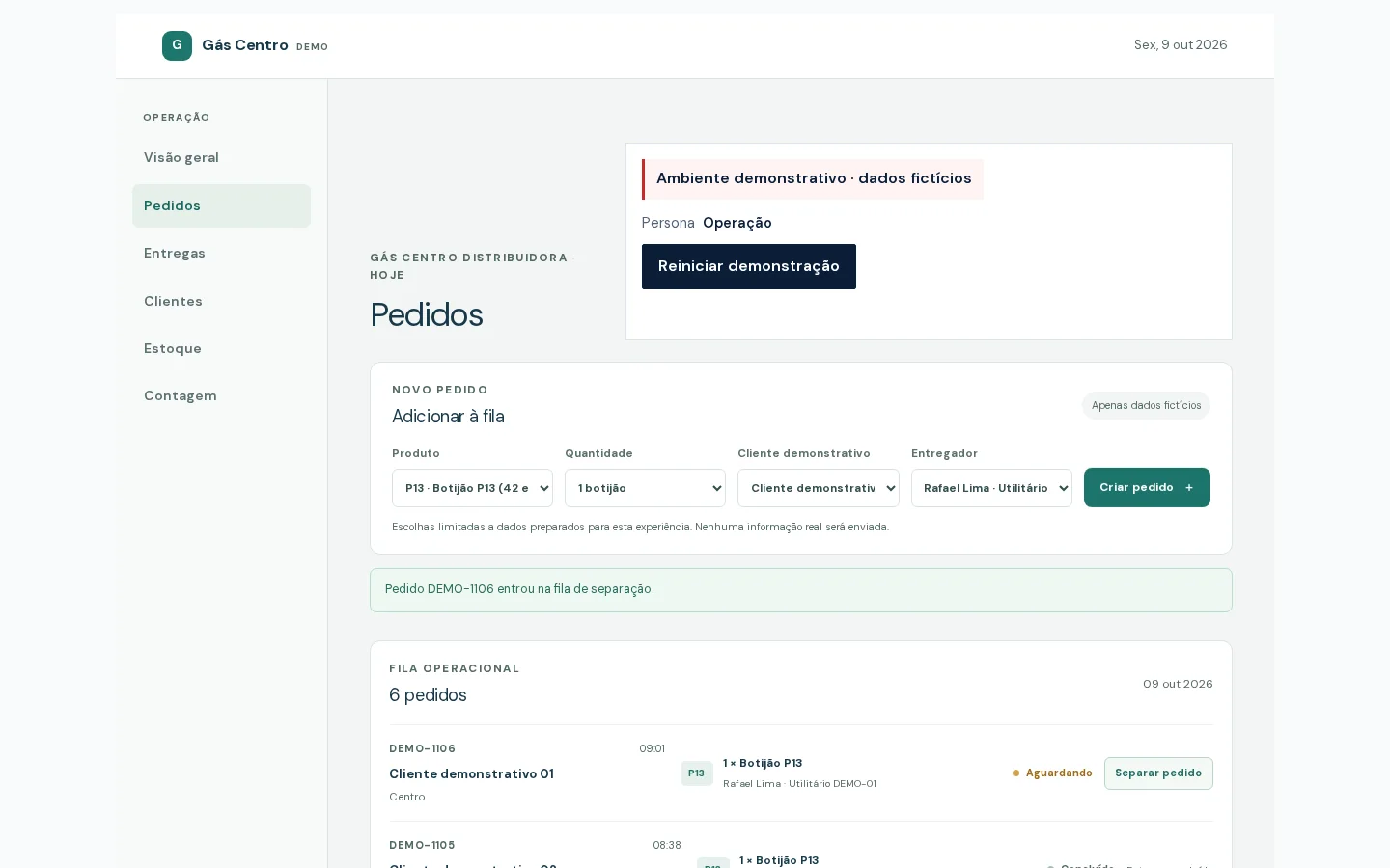 Tela demonstrativa de depósito com pedidos fictícios.